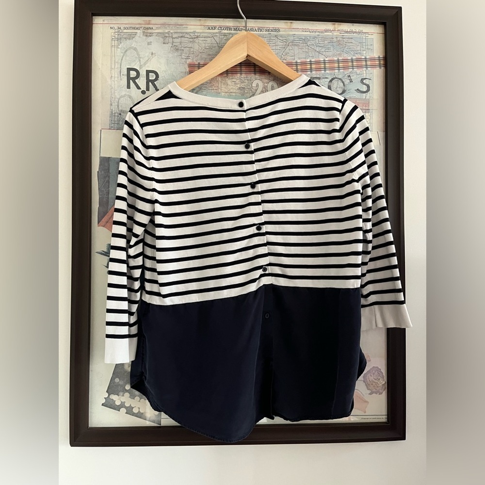 COS Navy Blue White Stripped Coastal Cotton Silk Button-Back Top S - Picture 2 of 6